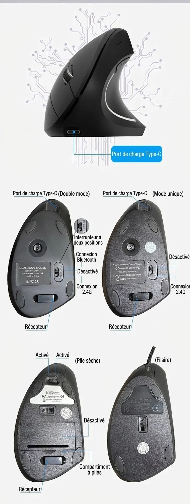 Souris sans fil verticale ergonomique, multimode 2,4 GHz/Bluetooth 5.2/filaire, 4 800 dpi, clic silencieux, rechargeable - Modèle G7039-B