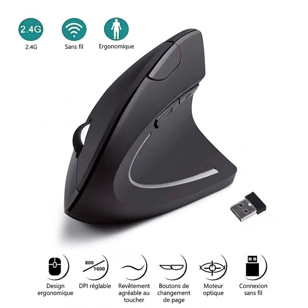 Souris sans fil verticale ergonomique, multimode 2,4 GHz/Bluetooth 5.2/filaire, 4 800 dpi, clic silencieux, rechargeable - Modèle G7039-B