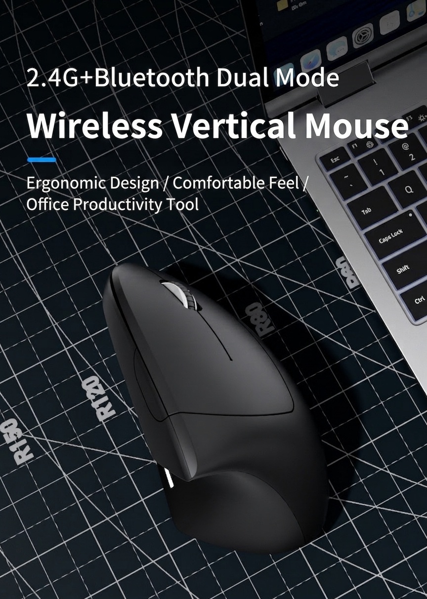 Ratón inalámbrico vertical ergonómico, multimodo 2.4G/BT 5.2/con cable, 4800 DPI, clic silencioso, recargable - Modelo G7039-B