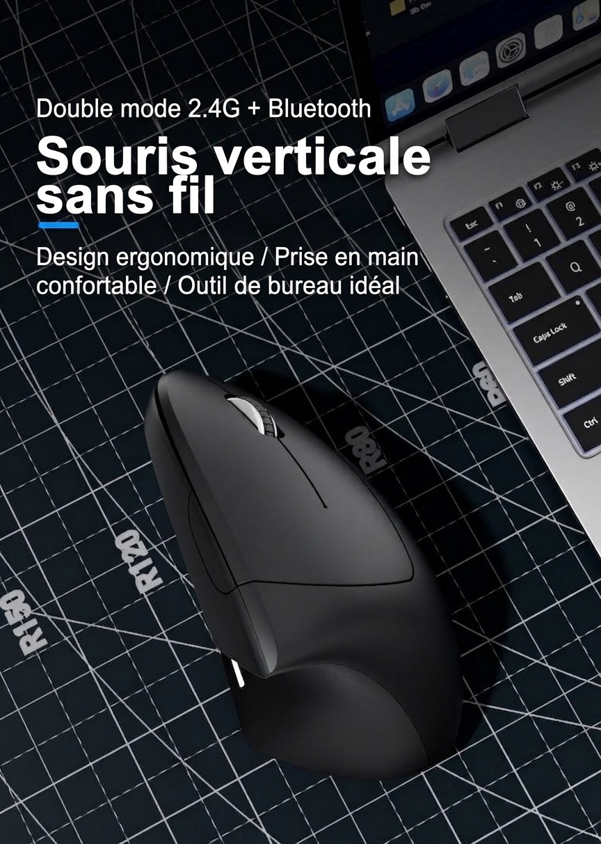 Souris sans fil verticale ergonomique, multimode 2,4 GHz/Bluetooth 5.2/filaire, 4&nbsp;800&nbsp;dpi, clic silencieux, rechargeable - Modèle G7039-B