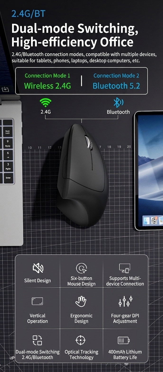 Ratón inalámbrico vertical ergonómico, multimodo 2.4G/BT 5.2/con cable, 4800 DPI, clic silencioso, recargable - Modelo G7039-B