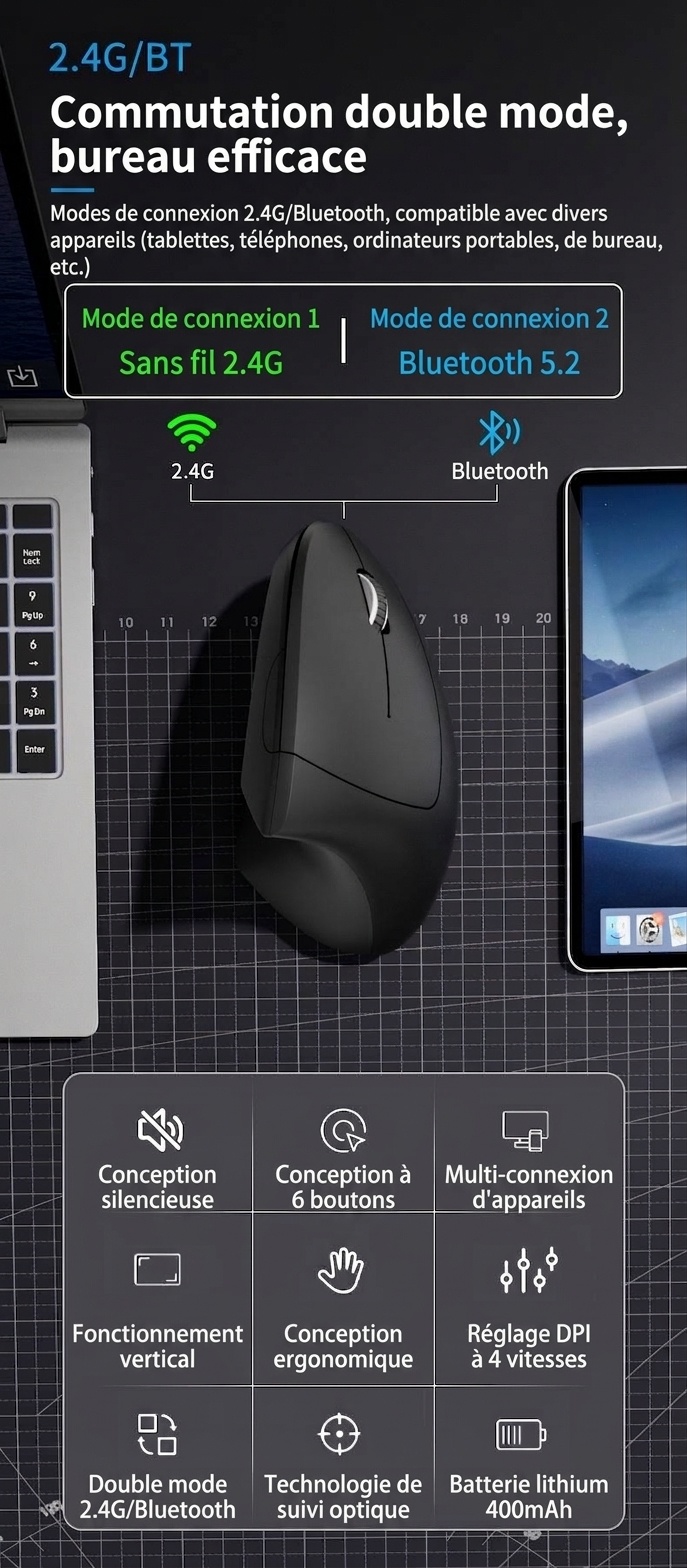 Souris sans fil verticale ergonomique, multimode 2,4 GHz/Bluetooth 5.2/filaire, 4&nbsp;800&nbsp;dpi, clic silencieux, rechargeable - Modèle G7039-B