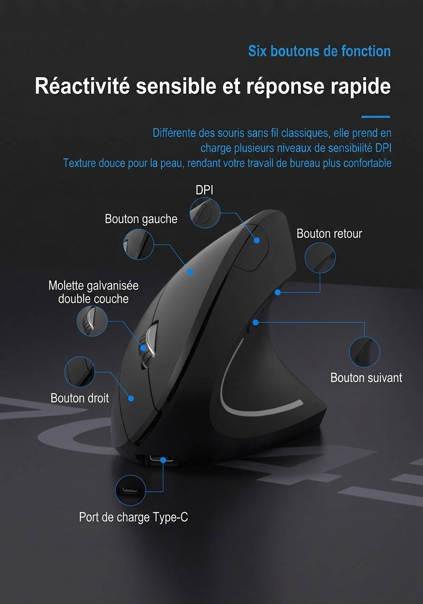 Souris sans fil verticale ergonomique, multimode 2,4 GHz/Bluetooth 5.2/filaire, 4&nbsp;800&nbsp;dpi, clic silencieux, rechargeable - Modèle G7039-B