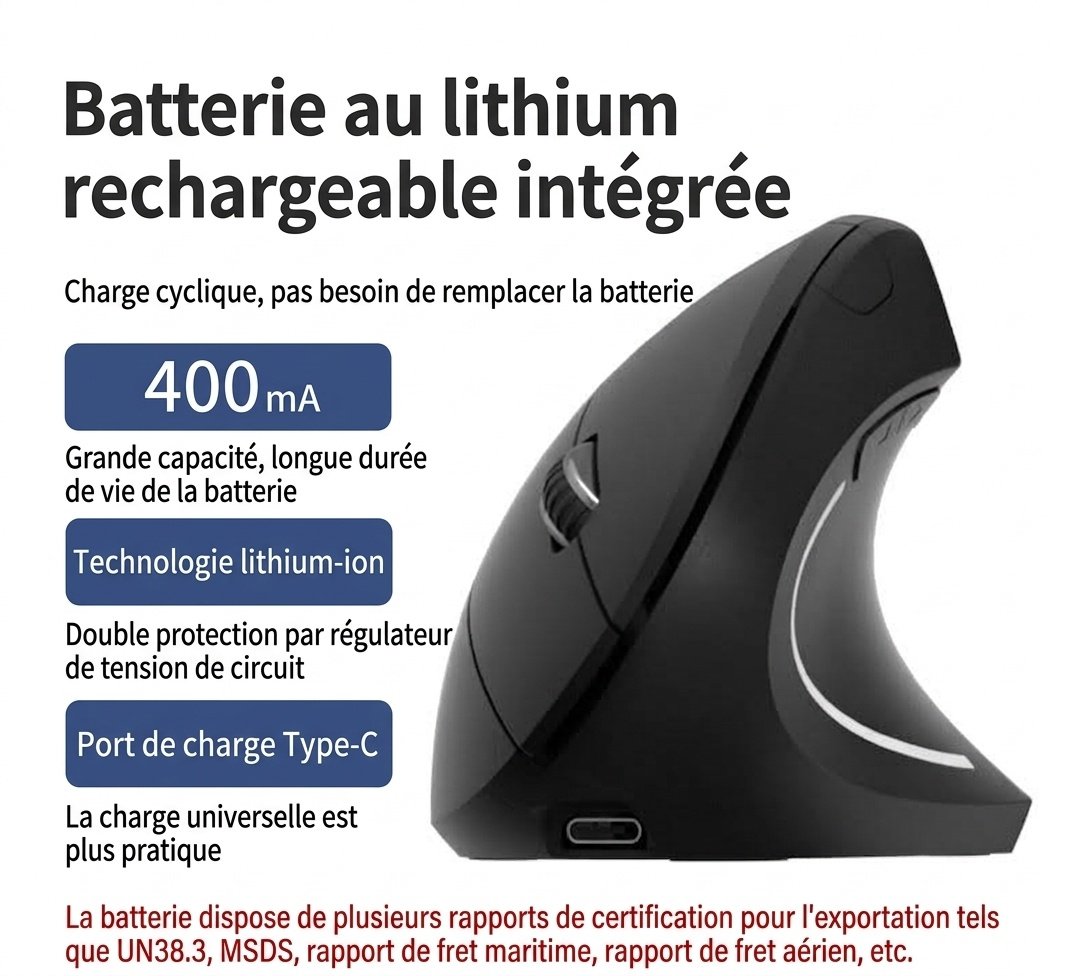 Souris sans fil verticale ergonomique, multimode 2,4 GHz/Bluetooth 5.2/filaire, 4 800 dpi, clic silencieux, rechargeable - Modèle G7039-B
