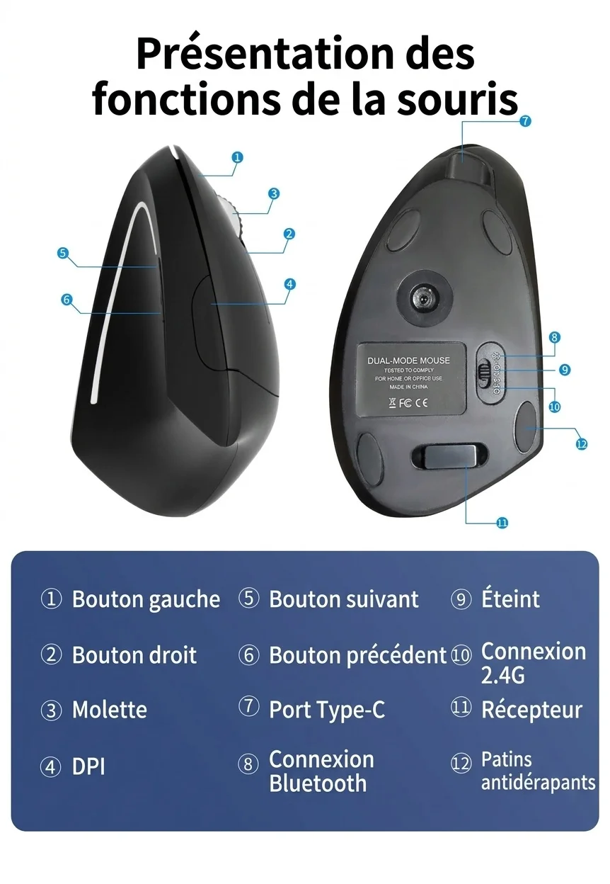 Souris sans fil verticale ergonomique, multimode 2,4 GHz/Bluetooth 5.2/filaire, 4 800 dpi, clic silencieux, rechargeable - Modèle G7039-B