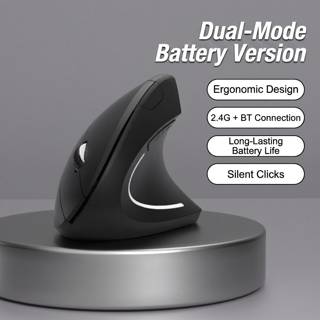 Ratón inalámbrico vertical ergonómico, multimodo 2.4G/BT 5.2/con cable, 4800 DPI, clic silencioso, recargable - Modelo G7039-B