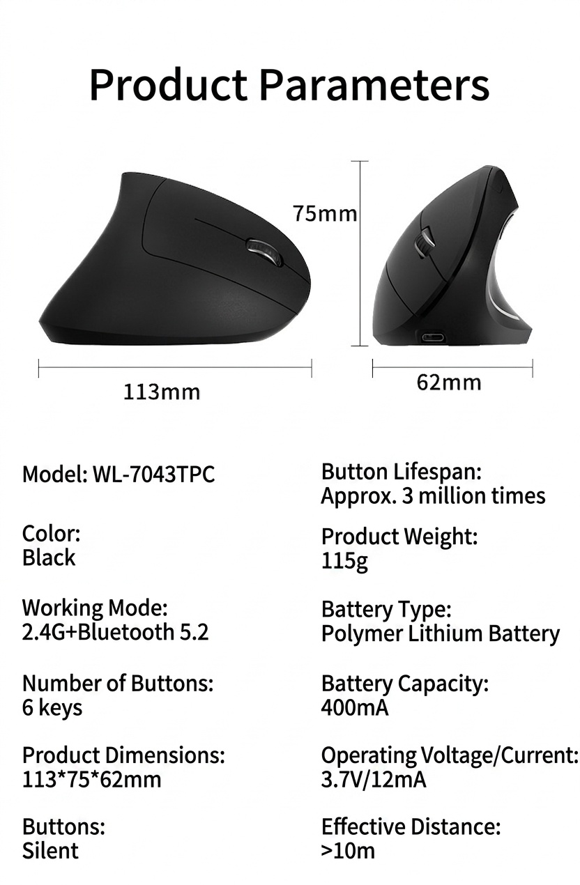 Ratón inalámbrico vertical ergonómico, multimodo 2.4G/BT 5.2/con cable, 4800 DPI, clic silencioso, recargable - Modelo G7039-B