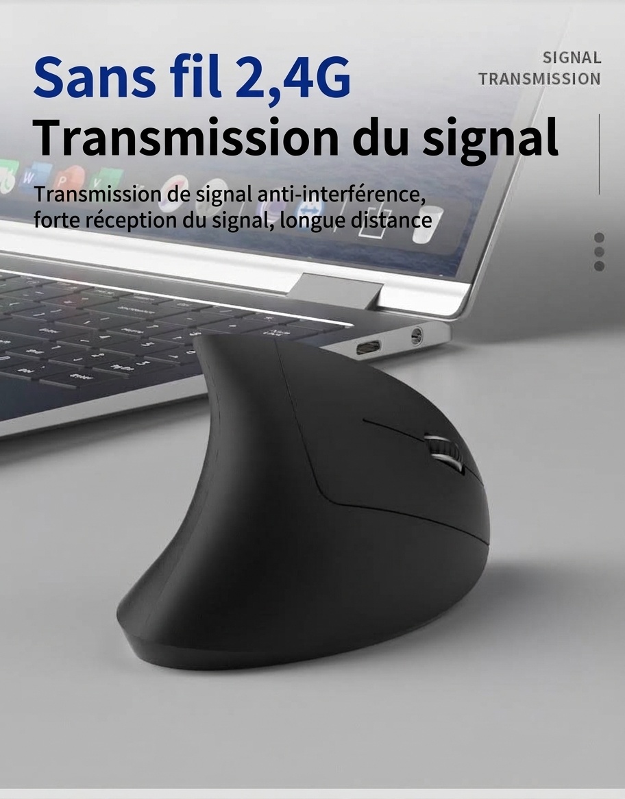 Souris sans fil verticale ergonomique, Bluetooth 5.3 et 2.4G, 1600 DPI, clic silencieux, matériau doux au toucher - Modèle 7043