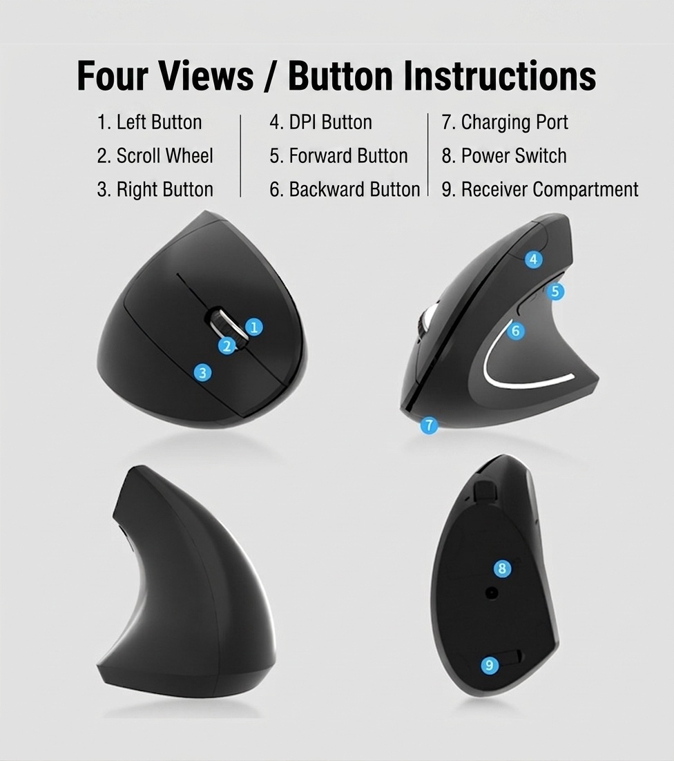 Ratón inalámbrico vertical ergonómico, Bluetooth 5.3 y 2.4G, 1600 DPI, clic silencioso, material similar a la piel - Modelo 7043