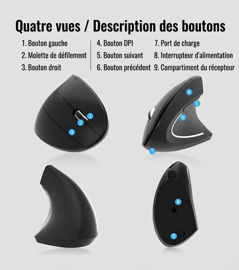 Souris sans fil verticale ergonomique, Bluetooth 5.3 et 2.4G, 1600 DPI, clic silencieux, matériau doux au toucher - Modèle 7043