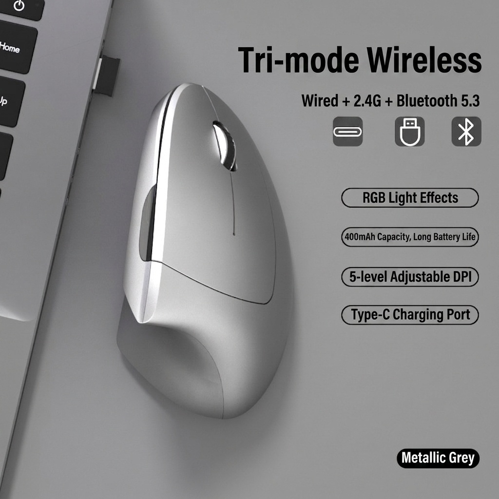 Ratón inalámbrico vertical ergonómico, Bluetooth 5.3 y 2.4G, 1600 DPI, clic silencioso, material similar a la piel - Modelo 7043