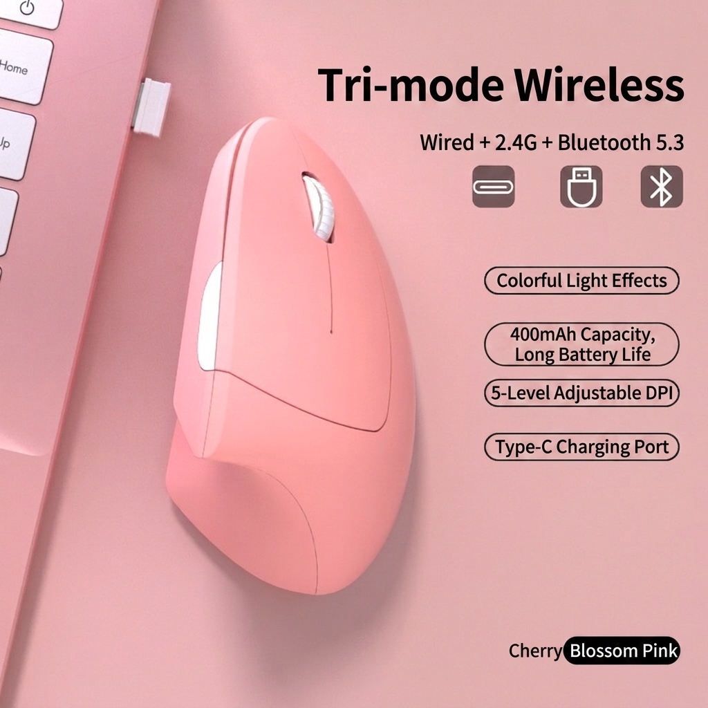 Ratón inalámbrico vertical ergonómico, Bluetooth 5.3 y 2.4G, 1600 DPI, clic silencioso, material similar a la piel - Modelo 7043