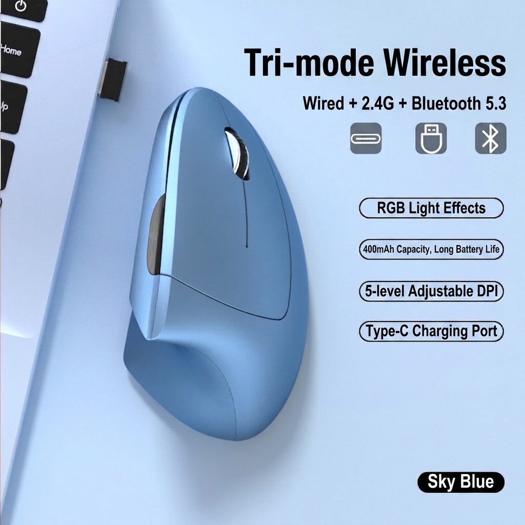 Ratón inalámbrico vertical ergonómico, Bluetooth 5.3 y 2.4G, 1600 DPI, clic silencioso, material similar a la piel - Modelo 7043