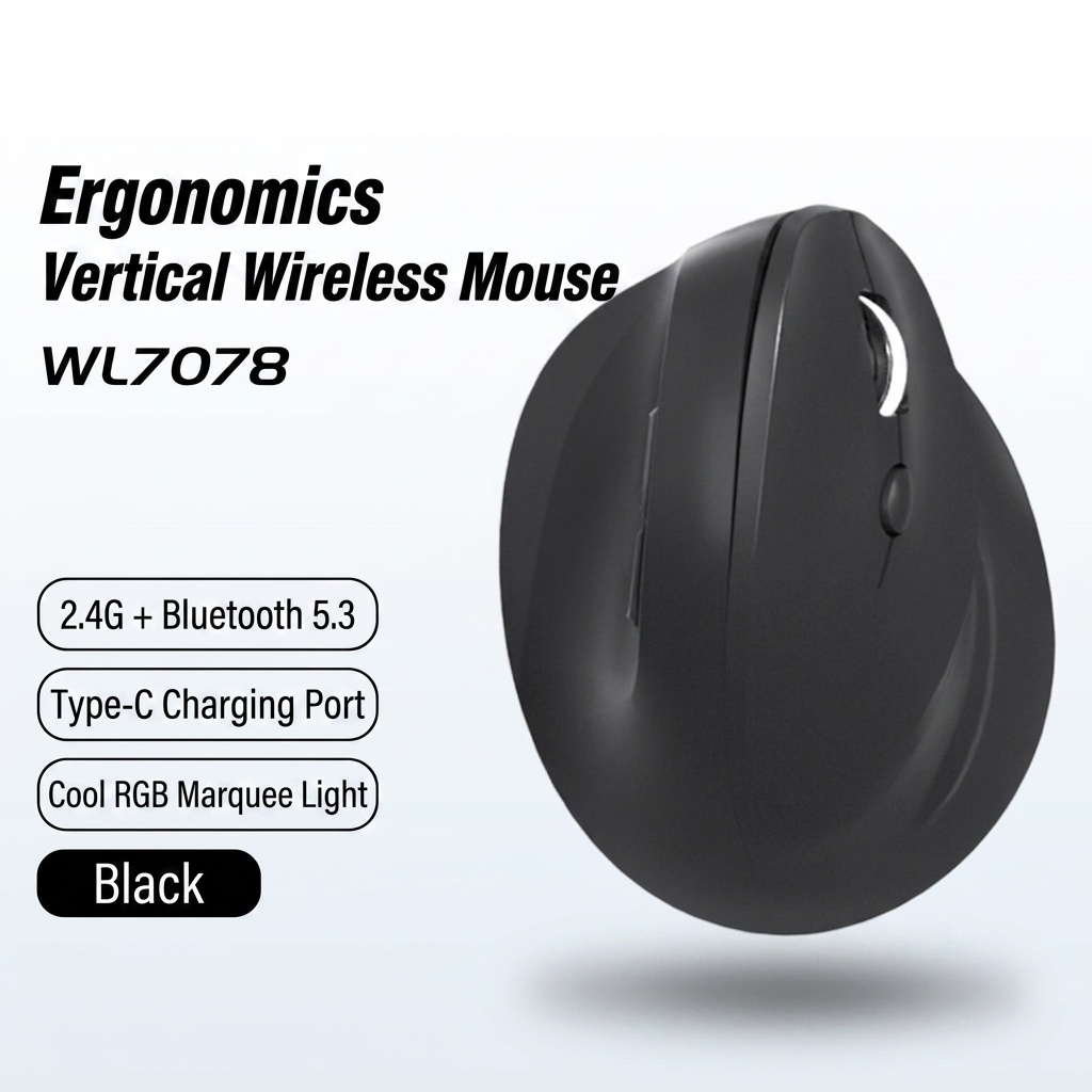 Ergonomic Vertical Gaming Mouse, Tri-Mode 2.4G/BT 5.3/Wired, 8000 DPI, 800mAh Battery - Black Edition