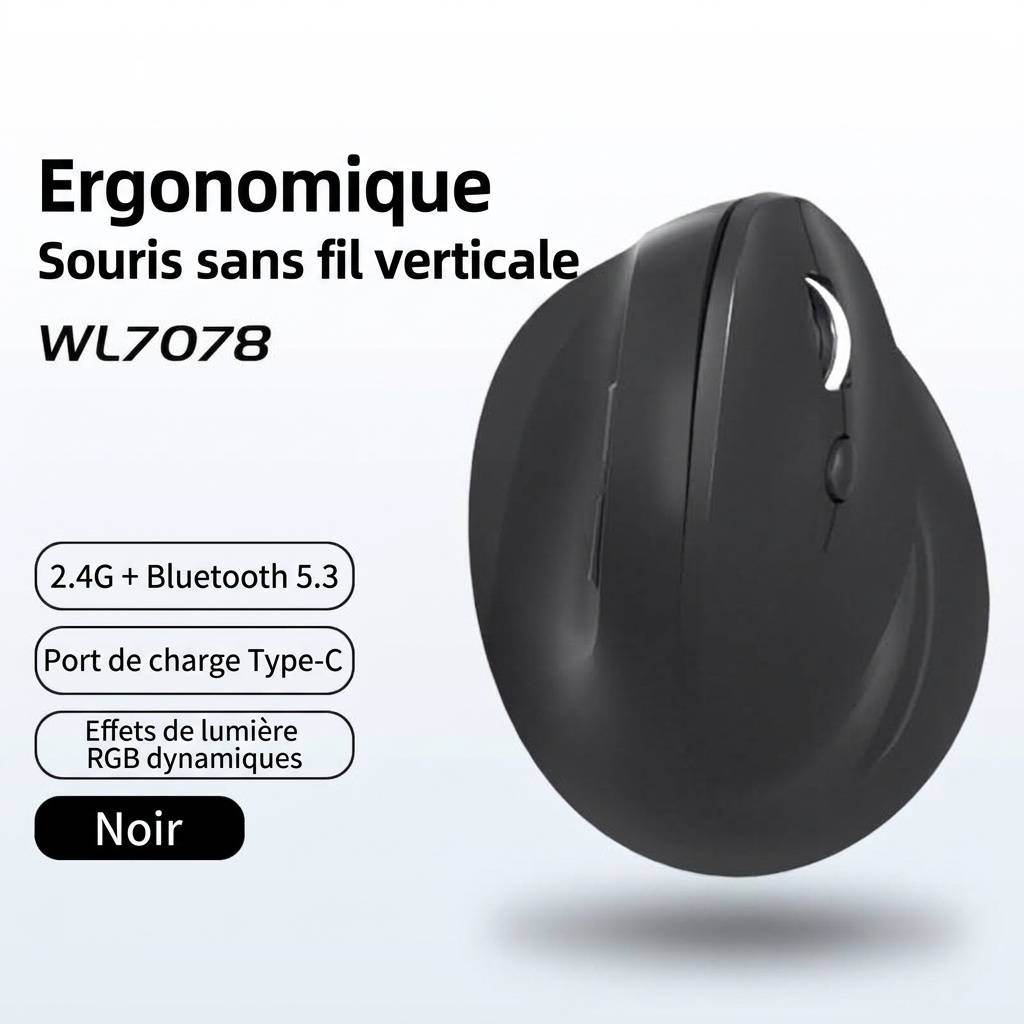 Souris gaming verticale ergonomique, tri-mode 2,4 GHz/Bluetooth 5.3/filaire, 8&nbsp;000 DPI, batterie 800 mAh - Édition noire