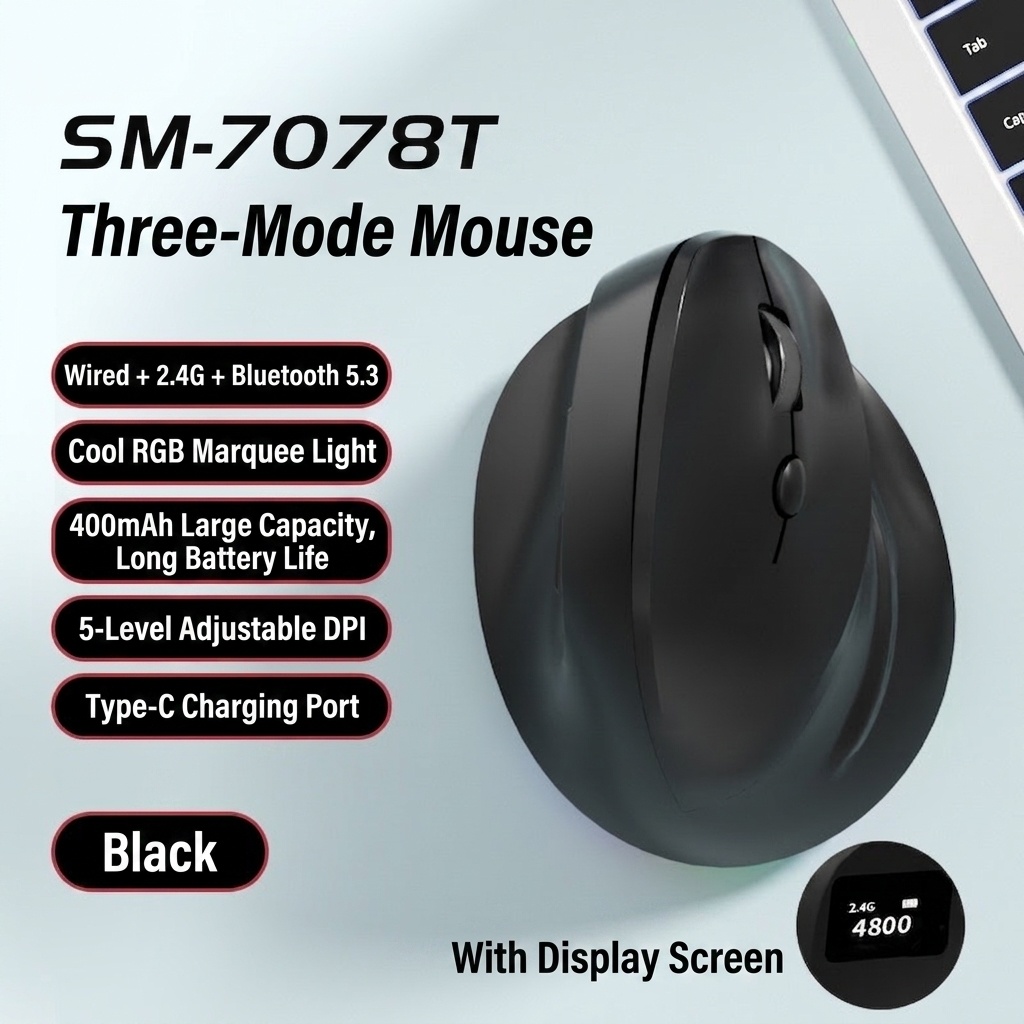 Ergonomic Vertical Gaming Mouse, Tri-Mode 2.4G/BT 5.3/Wired, 8000 DPI, 800mAh Battery - Black Edition