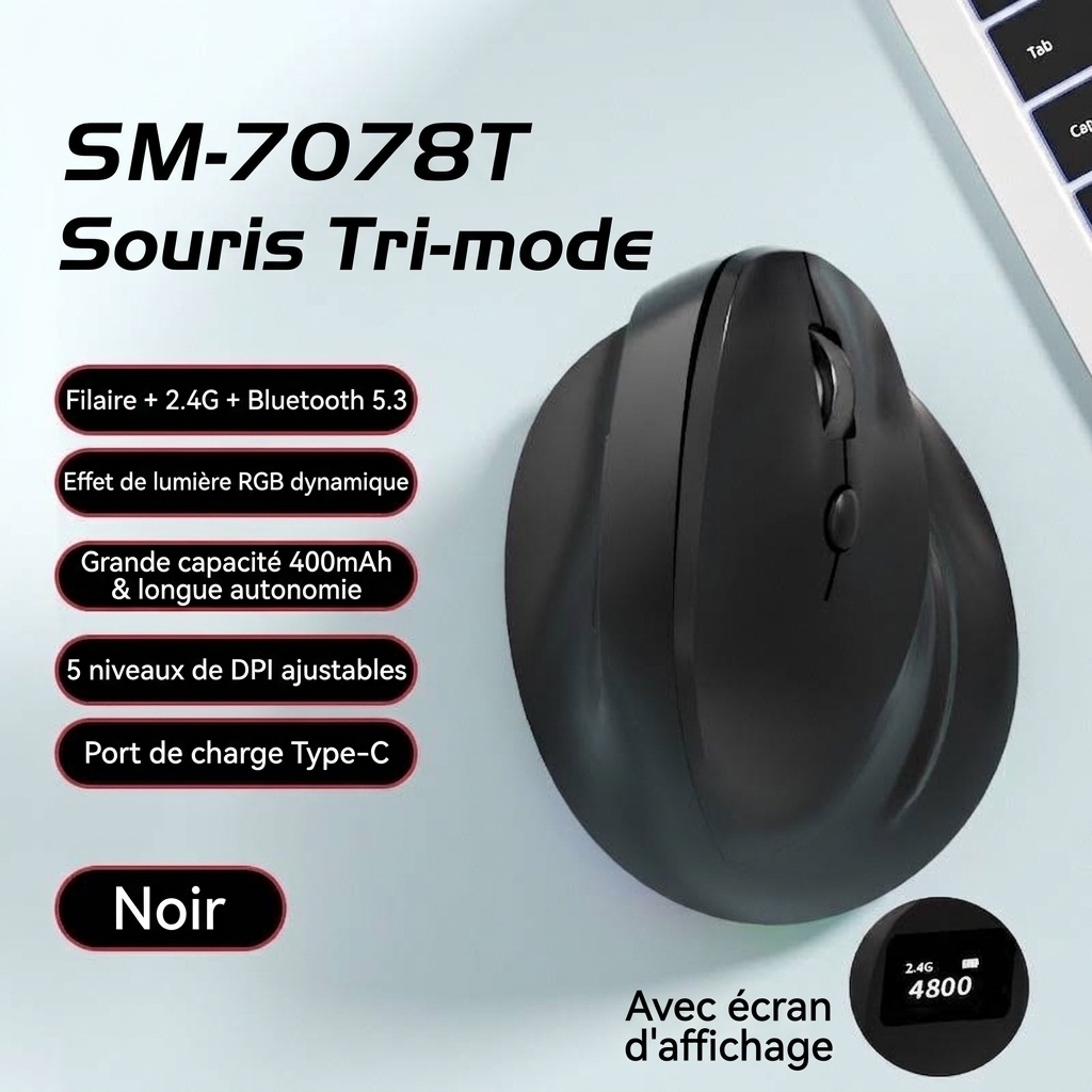 Souris gaming verticale ergonomique, tri-mode 2,4 GHz/Bluetooth 5.3/filaire, 8&nbsp;000 DPI, batterie 800 mAh - Édition noire