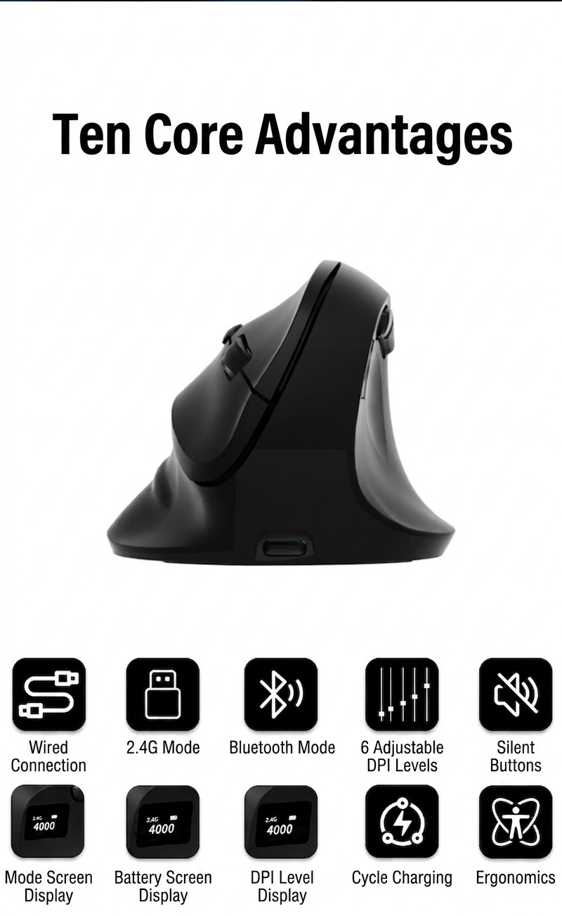 Ergonomic Vertical Gaming Mouse, Tri-Mode 2.4G/BT 5.3/Wired, 8000 DPI, 800mAh Battery - Black Edition