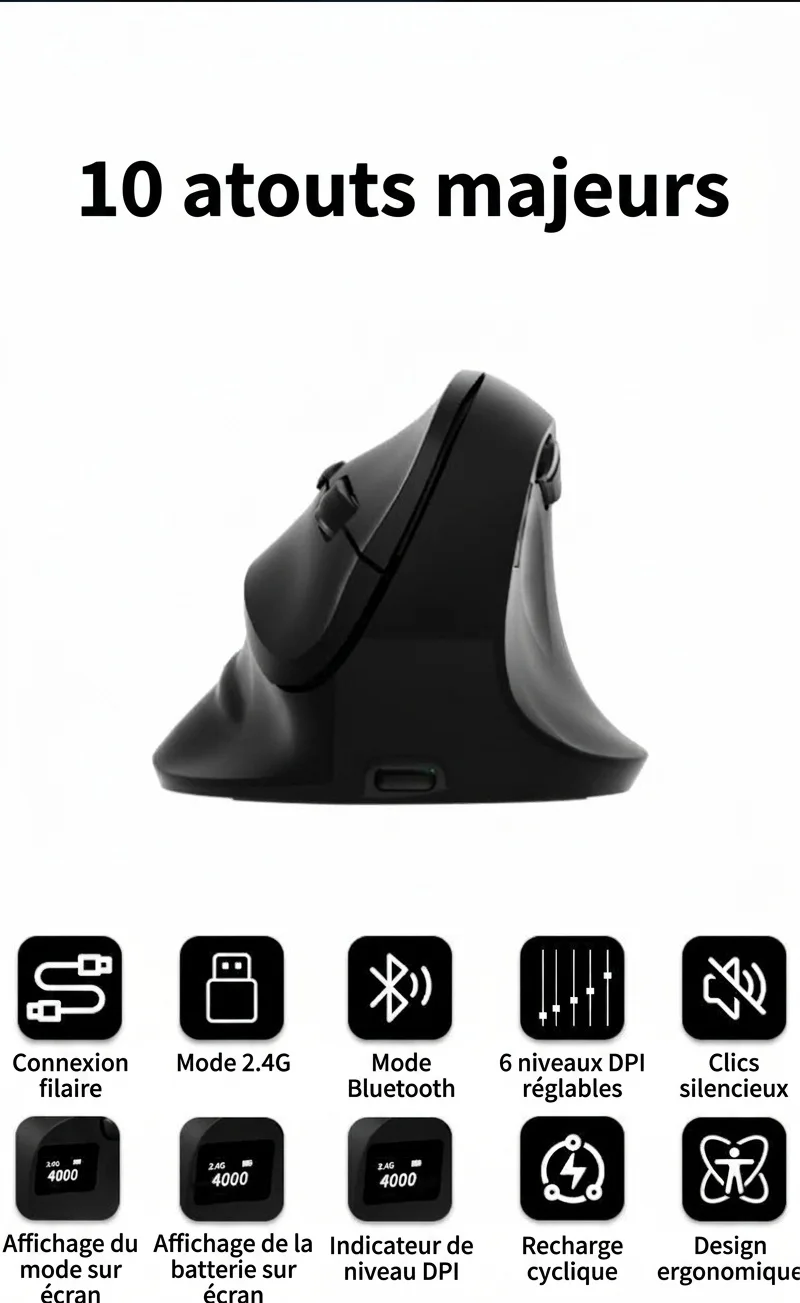 Souris gaming verticale ergonomique, tri-mode 2,4 GHz/Bluetooth 5.3/filaire, 8 000 DPI, batterie 800 mAh - Édition noire