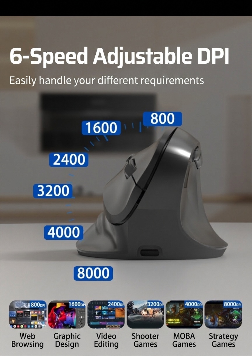 Ergonomic Vertical Gaming Mouse, Tri-Mode 2.4G/BT 5.3/Wired, 8000 DPI, 800mAh Battery - Black Edition