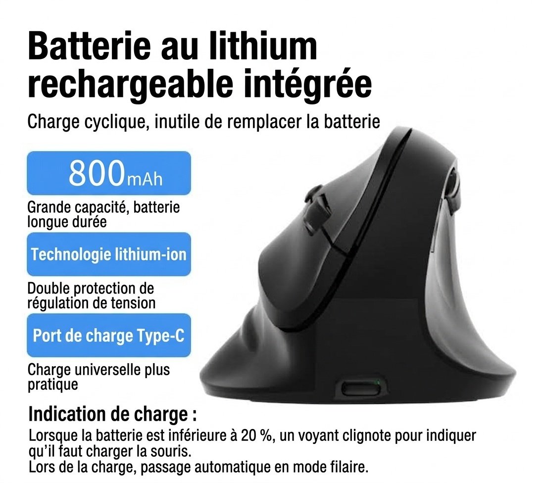 Souris gaming verticale ergonomique, tri-mode 2,4 GHz/Bluetooth 5.3/filaire, 8 000 DPI, batterie 800 mAh - Édition noire