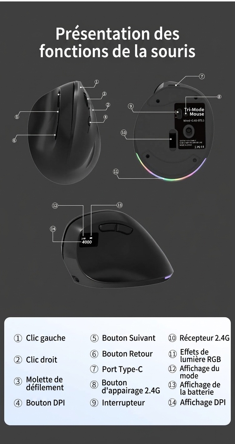 Souris gaming verticale ergonomique, tri-mode 2,4 GHz/Bluetooth 5.3/filaire, 8&nbsp;000 DPI, batterie 800 mAh - Édition noire