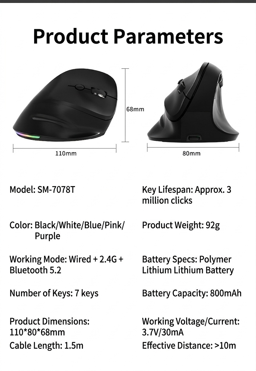 Ergonomic Vertical Gaming Mouse, Tri-Mode 2.4G/BT 5.3/Wired, 8000 DPI, 800mAh Battery - Black Edition