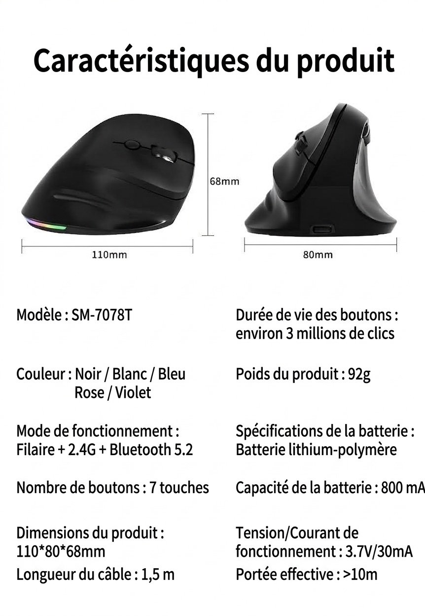 Souris gaming verticale ergonomique, tri-mode 2,4 GHz/Bluetooth 5.3/filaire, 8 000 DPI, batterie 800 mAh - Édition noire