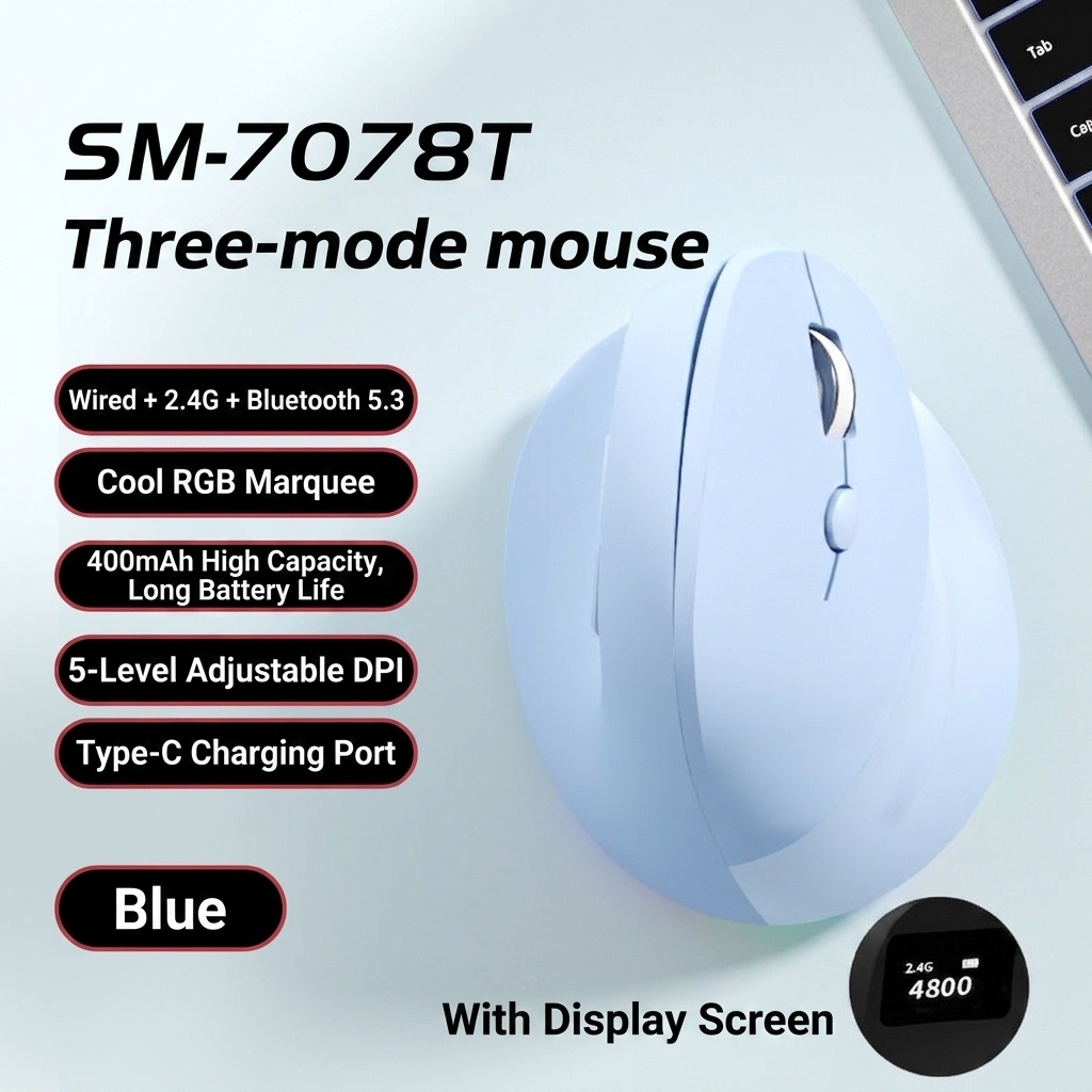 Ergonomic Vertical Gaming Mouse, Tri-Mode 2.4G/BT 5.3/Wired, 8000 DPI, 800mAh Battery - Black Edition