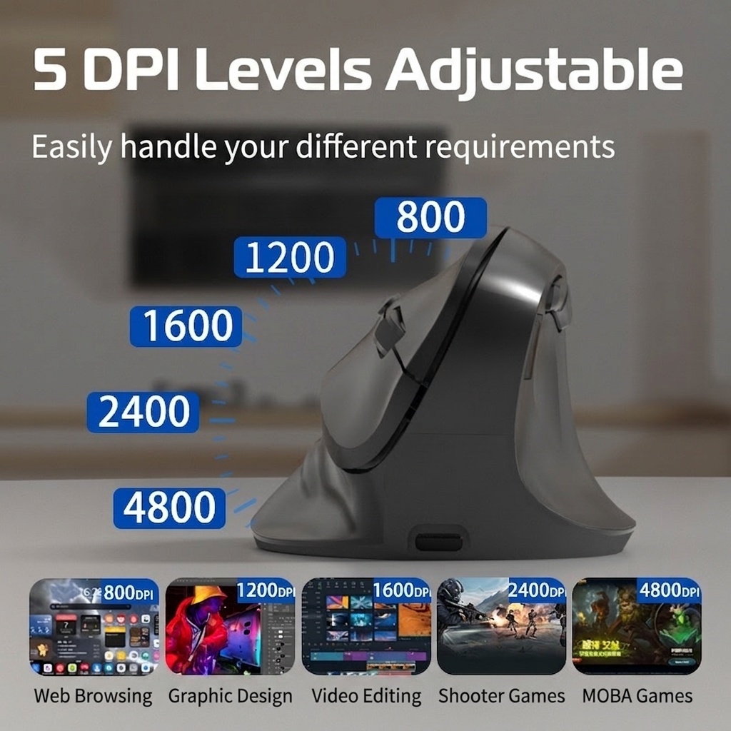 Ergonomic Vertical Gaming Mouse, Tri-Mode 2.4G/BT 5.3/Wired, 8000 DPI, 800mAh Battery - Black Edition
