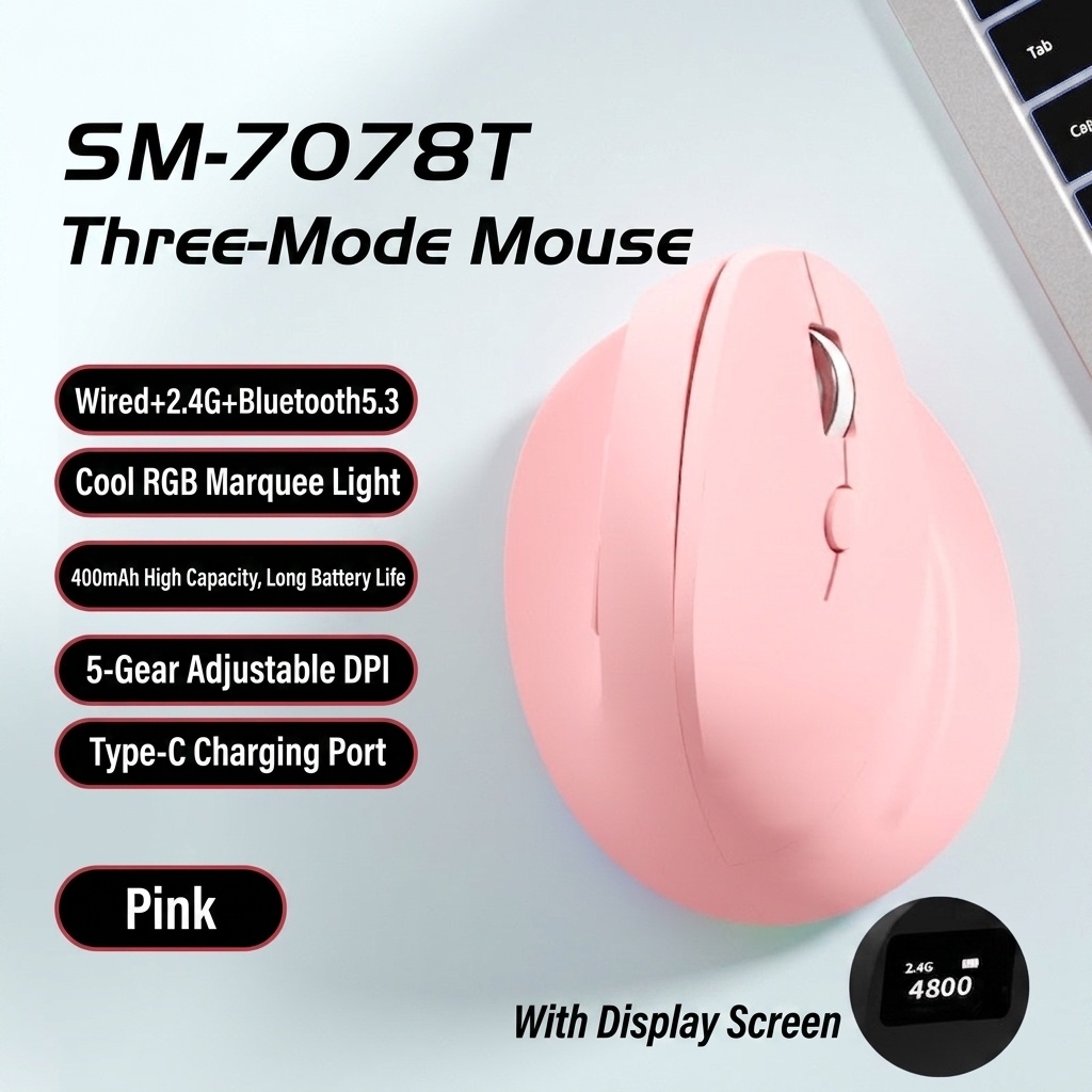 Ergonomic Vertical Gaming Mouse, Tri-Mode 2.4G/BT 5.3/Wired, 8000 DPI, 800mAh Battery - Black Edition