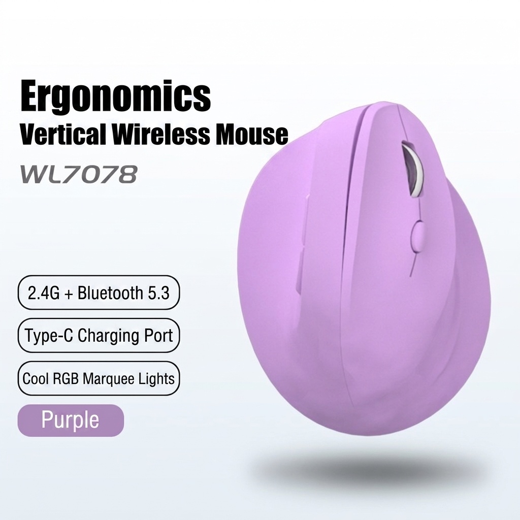Ergonomic Vertical Gaming Mouse, Tri-Mode 2.4G/BT 5.3/Wired, 8000 DPI, 800mAh Battery - Black Edition