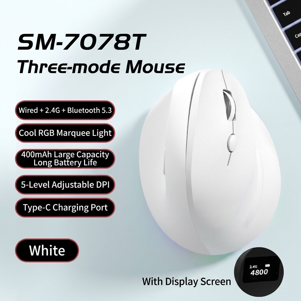 Ergonomic Vertical Gaming Mouse, Tri-Mode 2.4G/BT 5.3/Wired, 8000 DPI, 800mAh Battery - Black Edition