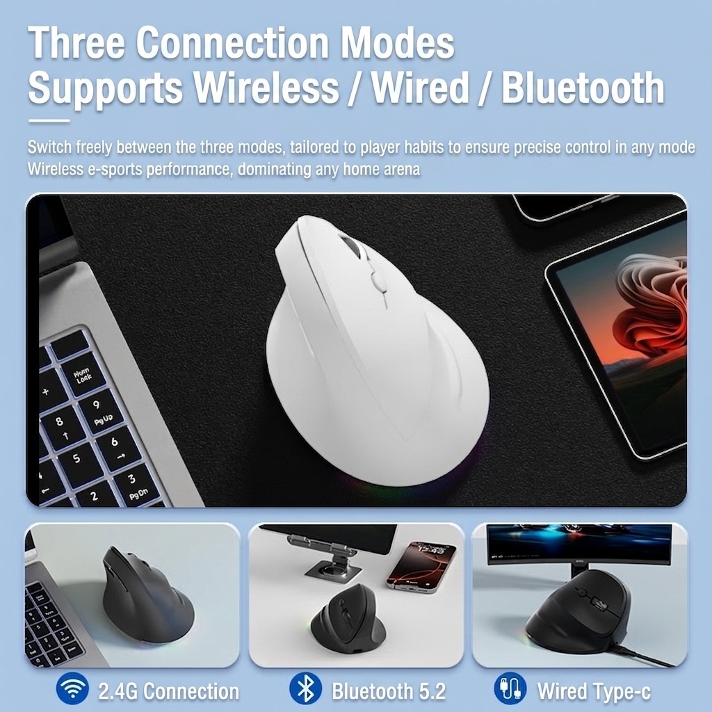 Ergonomic Vertical Gaming Mouse, Tri-Mode 2.4G/BT 5.3/Wired, 8000 DPI, 800mAh Battery - Black Edition