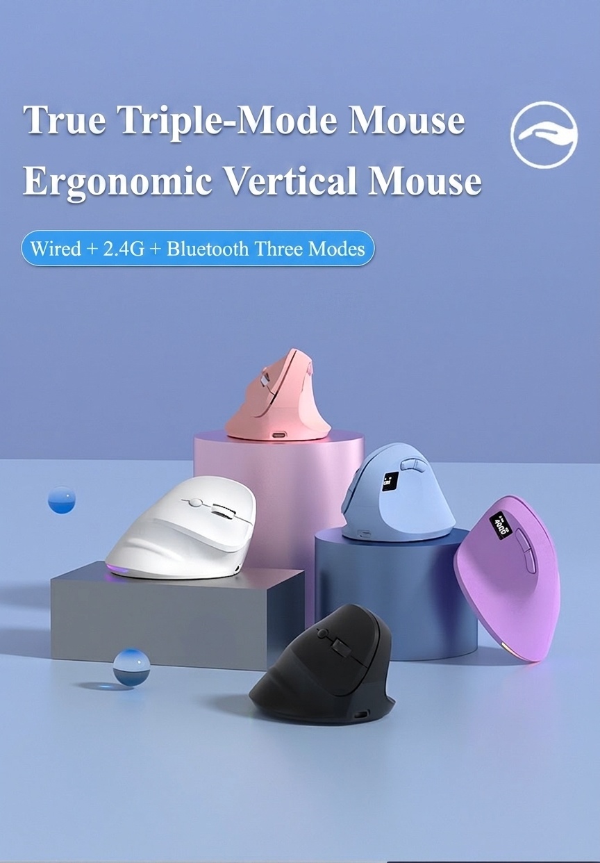 Ergonomic Vertical Gaming Mouse, Tri-Mode 2.4G/BT 5.3/Wired, 8000 DPI, 800mAh Battery - Black Edition