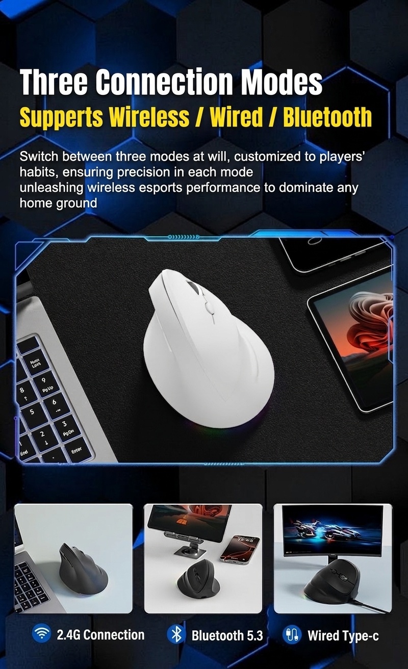 Ergonomic Vertical Gaming Mouse, Tri-Mode 2.4G/BT 5.3/Wired, 8000 DPI, 800mAh Battery - Black Edition