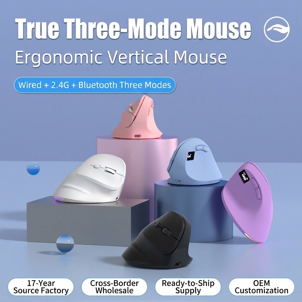 Ergonomic Vertical Gaming Mouse, Tri-Mode 2.4G/BT 5.3/Wired, 8000 DPI, 800mAh Battery - Black Edition