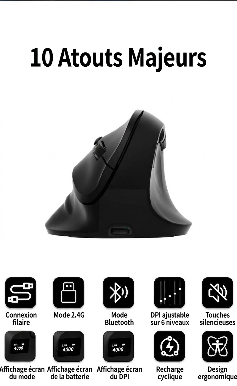 Souris sans fil verticale ergonomique, tri-mode 2,4 GHz/Bluetooth 5.3/filaire, 8&nbsp;000 DPI, éclairage RVB, rechargeable - Série double mode