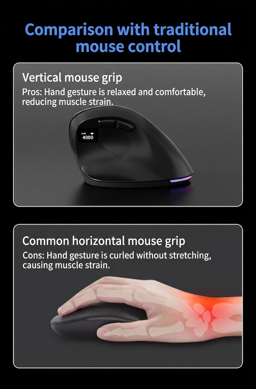 Ergonomic Vertical Wireless Mouse, Tri-Mode 2.4G/BT 5.3/Wired, 8000 DPI, RGB Lighting, Rechargeable - Dual Mode Series