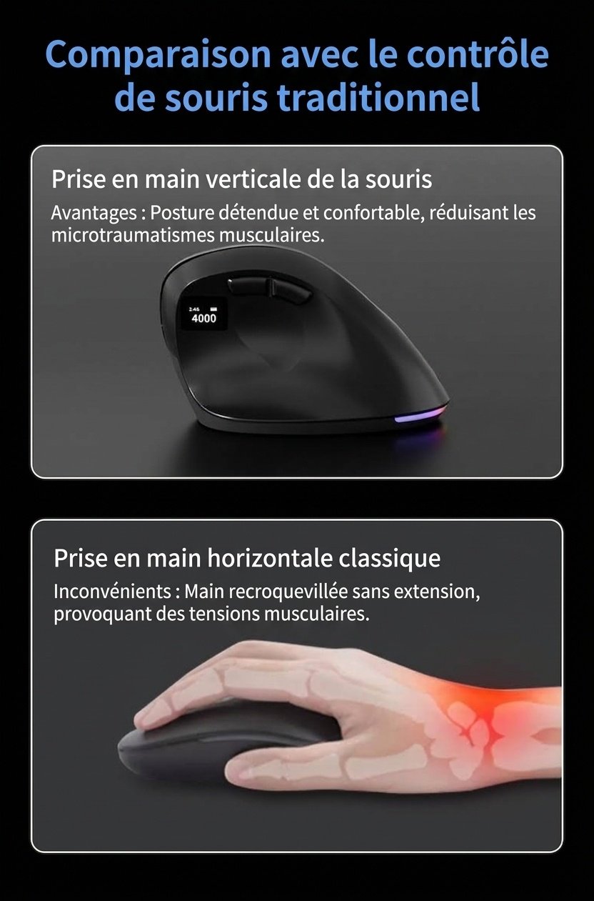 Souris sans fil verticale ergonomique, tri-mode 2,4 GHz/Bluetooth 5.3/filaire, 8 000 DPI, éclairage RVB, rechargeable - Série double mode