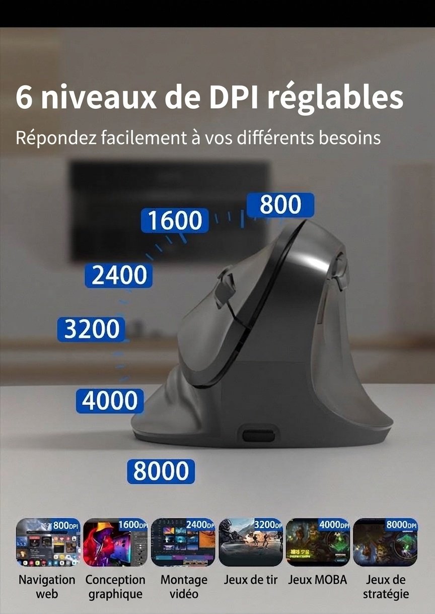 Souris sans fil verticale ergonomique, tri-mode 2,4 GHz/Bluetooth 5.3/filaire, 8 000 DPI, éclairage RVB, rechargeable - Série double mode