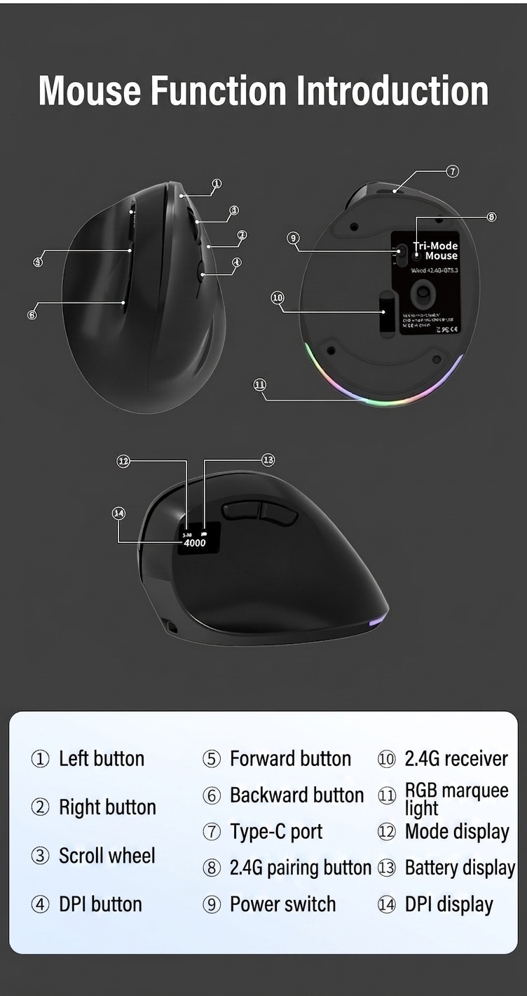 Ergonomic Vertical Wireless Mouse, Tri-Mode 2.4G/BT 5.3/Wired, 8000 DPI, RGB Lighting, Rechargeable - Dual Mode Series