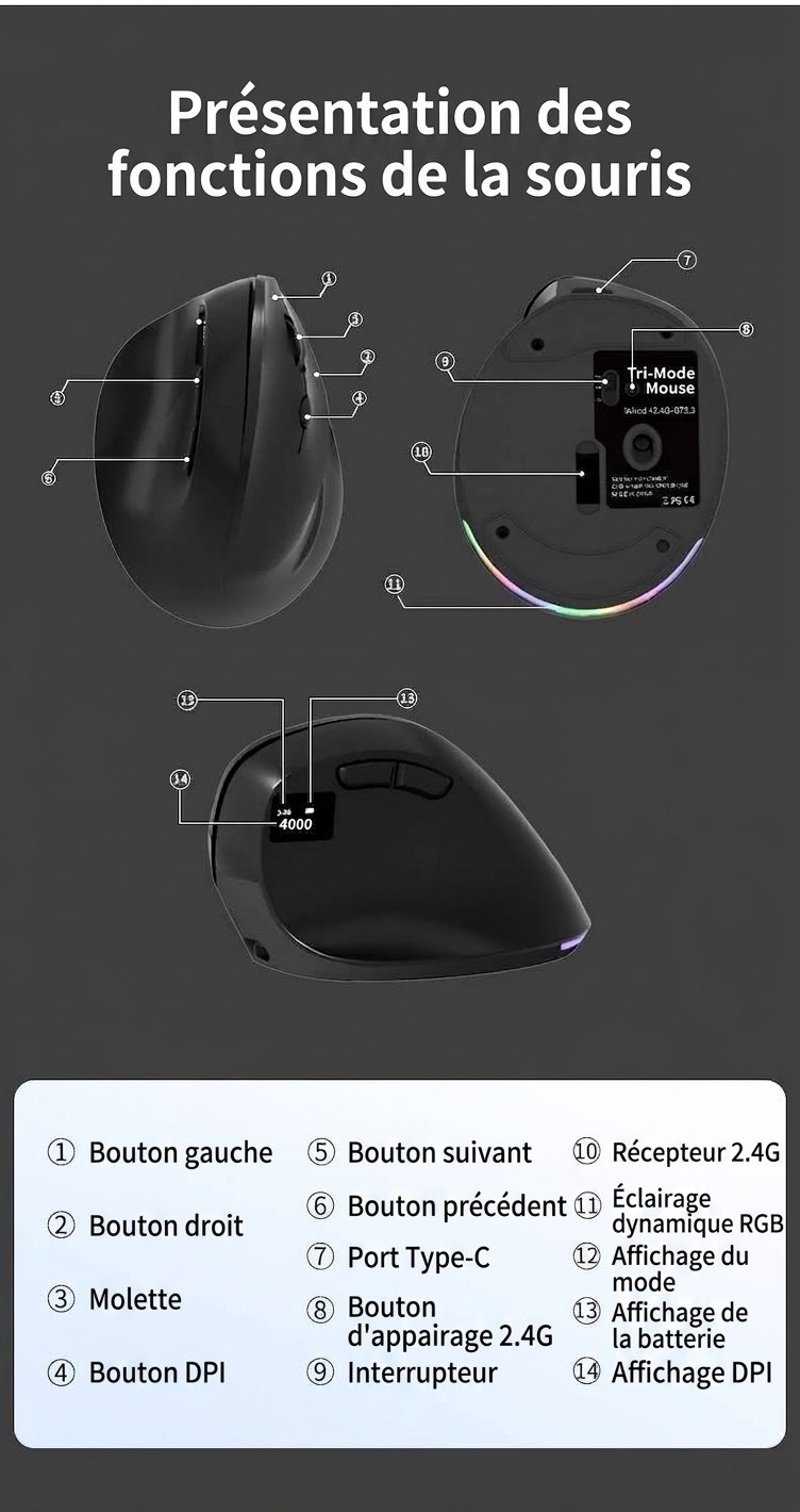 Souris sans fil verticale ergonomique, tri-mode 2,4 GHz/Bluetooth 5.3/filaire, 8 000 DPI, éclairage RVB, rechargeable - Série double mode