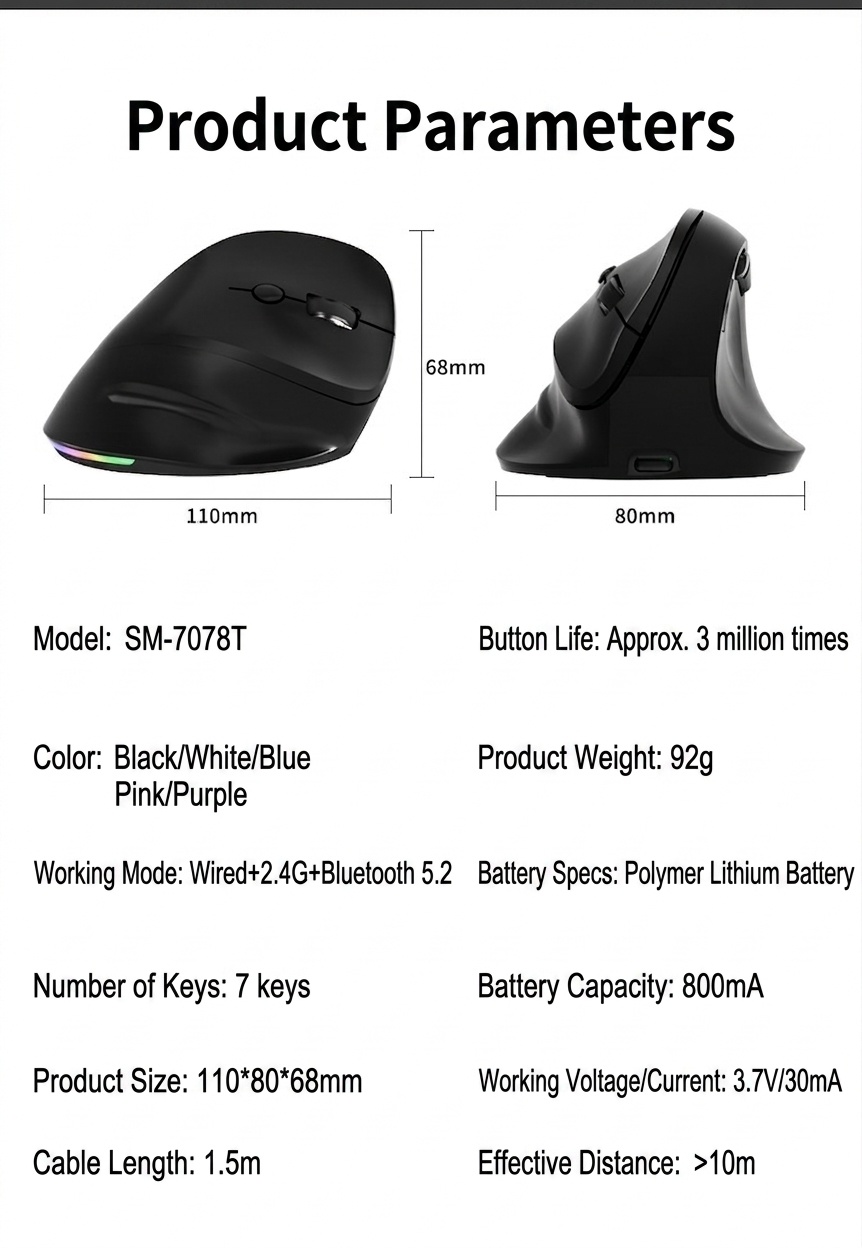 Ergonomic Vertical Wireless Mouse, Tri-Mode 2.4G/BT 5.3/Wired, 8000 DPI, RGB Lighting, Rechargeable - Dual Mode Series