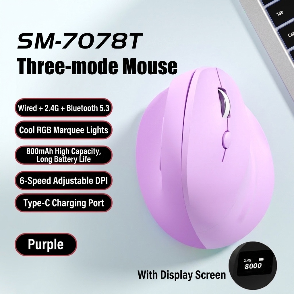Ergonomic Vertical Gaming Mouse, Tri-Mode 2.4G/BT 5.3/Wired, 8000 DPI, 800mAh Battery - Black Edition