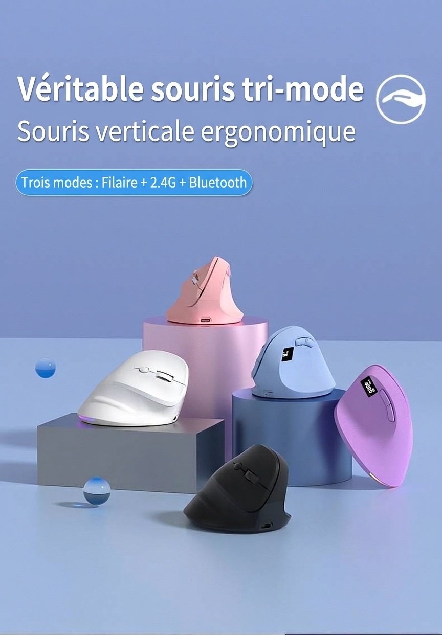 Souris sans fil verticale ergonomique, tri-mode 2,4 GHz/Bluetooth 5.3/filaire, 8 000 DPI, éclairage RVB, rechargeable - Série double mode
