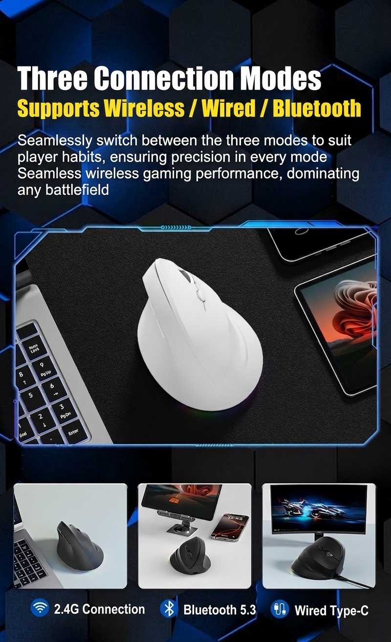 Ergonomic Vertical Wireless Mouse, Tri-Mode 2.4G/BT 5.3/Wired, 8000 DPI, RGB Lighting, Rechargeable - Dual Mode Series