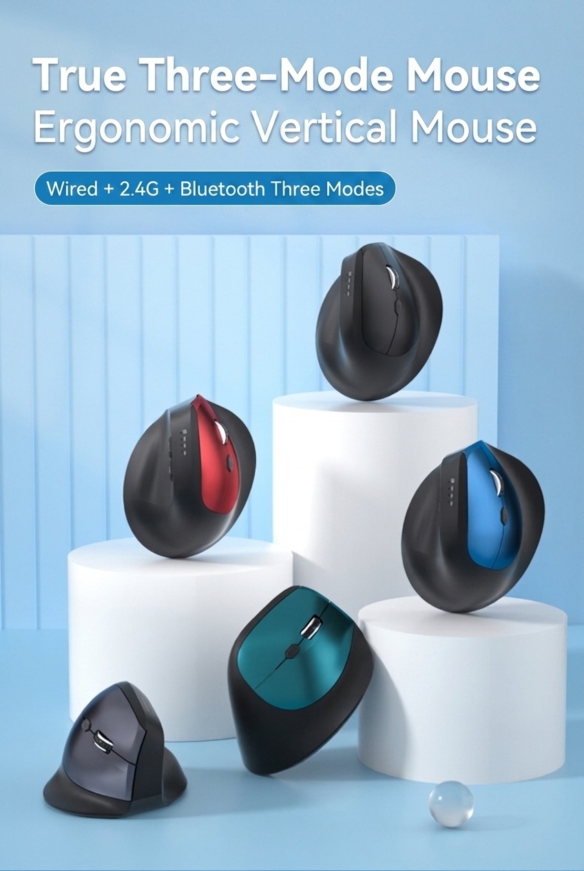 Ergonomic Vertical Wireless Mouse, Multi-Mode 2.4G/BT 5.2/Wired, 9600 DPI, Silent Click, Rechargeable - Model 7078