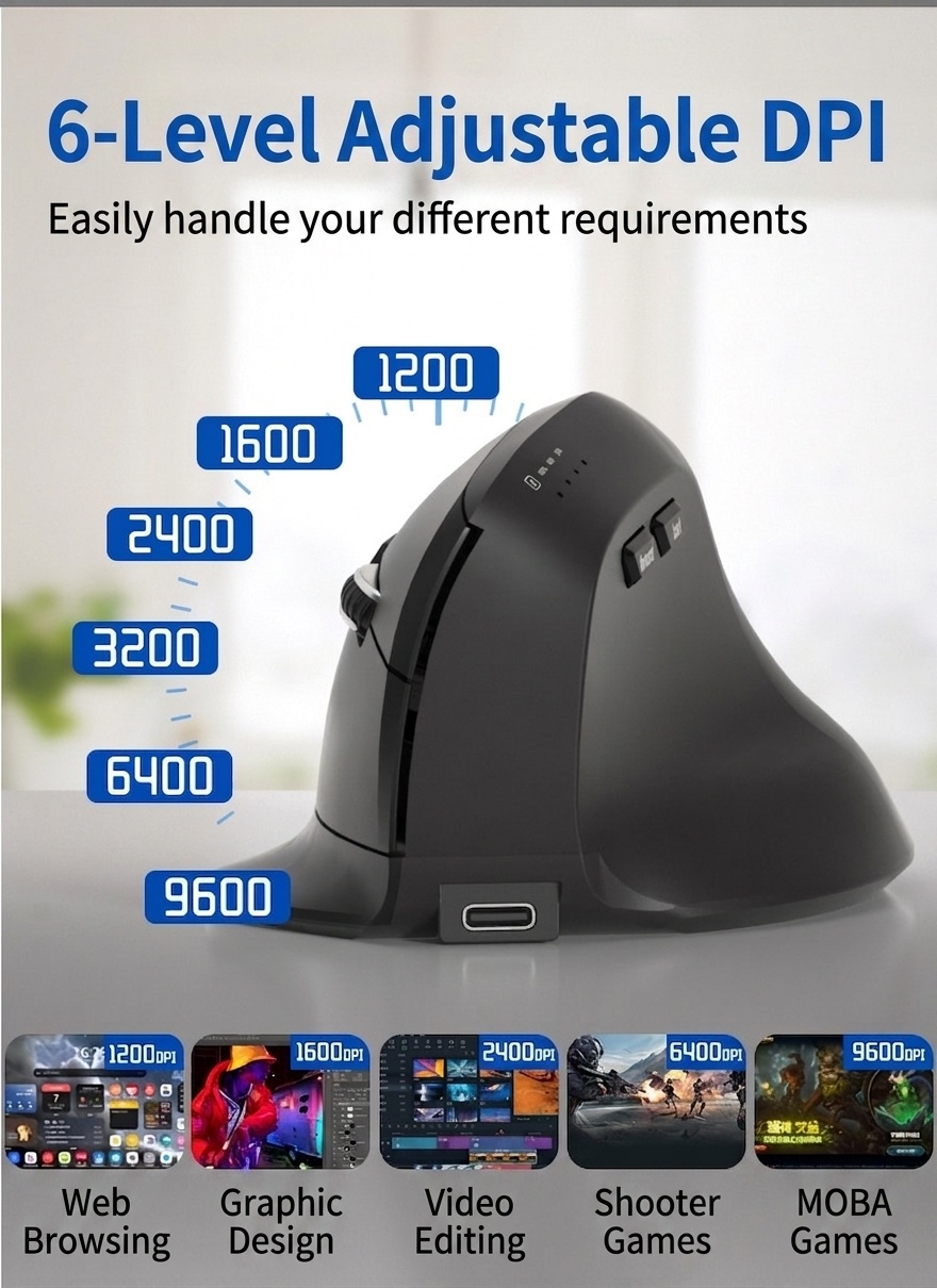 Ergonomic Vertical Wireless Mouse, Multi-Mode 2.4G/BT 5.2/Wired, 9600 DPI, Silent Click, Rechargeable - Model 7078