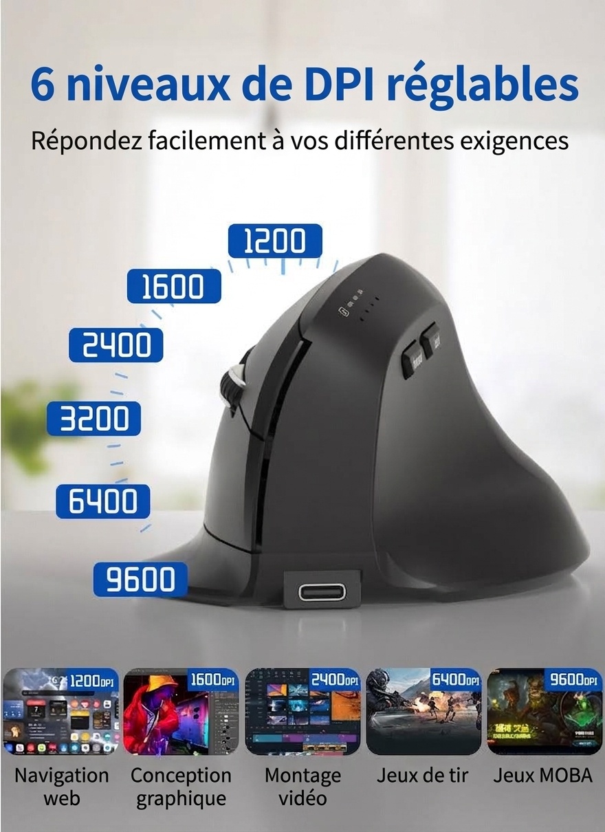 Souris sans fil verticale ergonomique, multimode 2,4 GHz/BT 5.2/filaire, 9&nbsp;600 DPI, clic silencieux, rechargeable - Modèle 7078